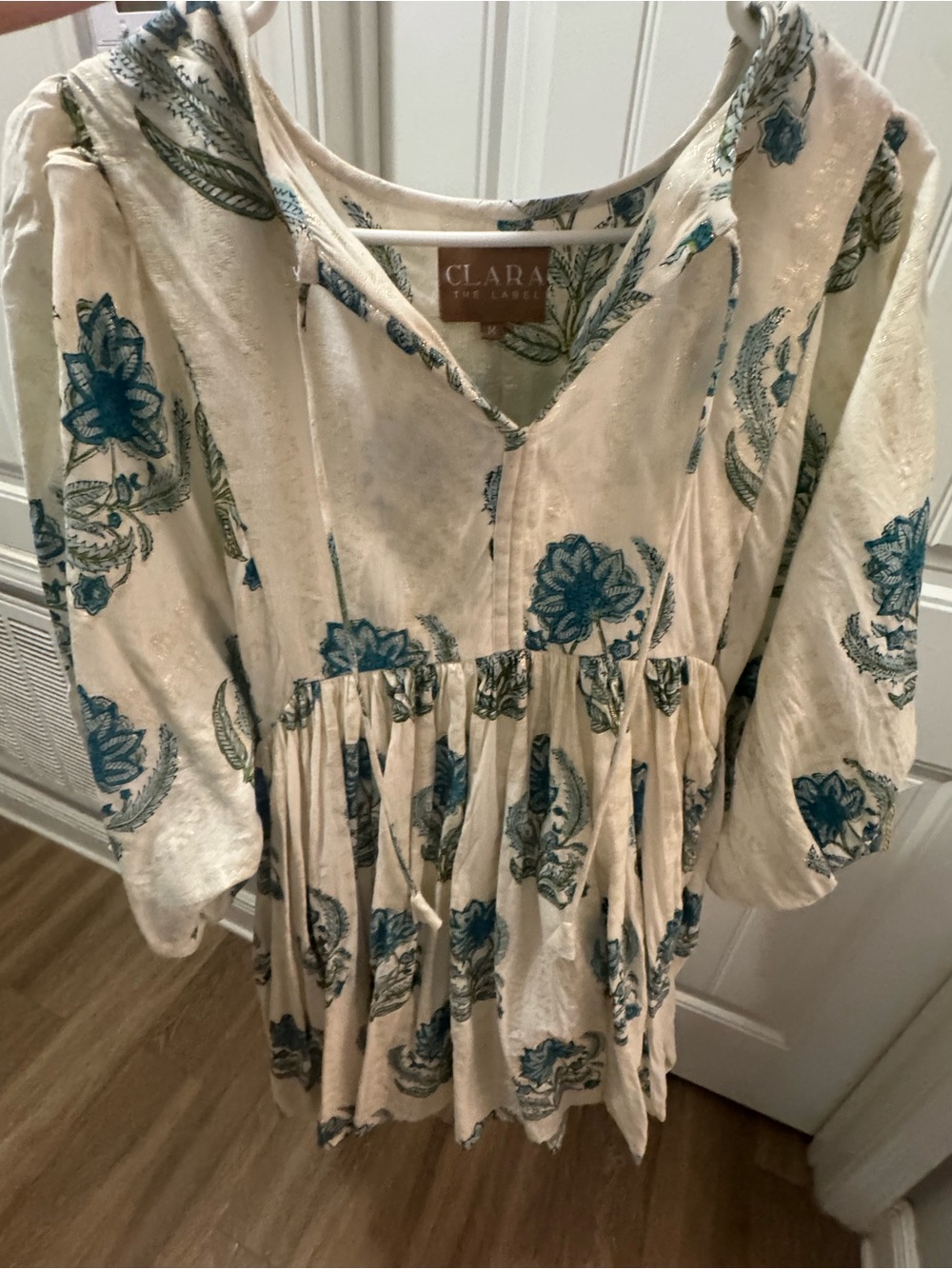 Clara the label Cream Floral Peasant Dress with Blue Print